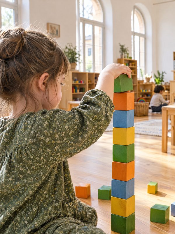 Bambina che costruisce una torre di blocchi di legno colorati