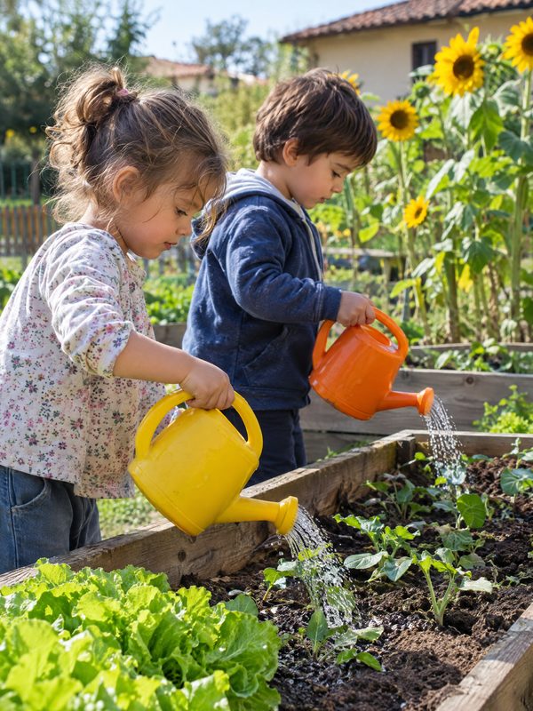 Bambini che annaffiano l'orto della scuola