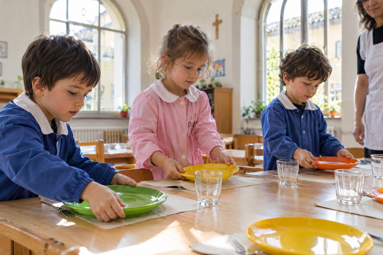 Bambini in grembiule apparecchiano la tavola per il pranzo