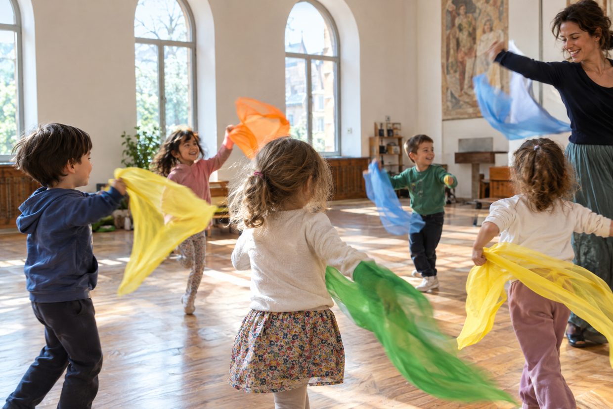 Bambini che danzano in cerchio con i foulard colorati