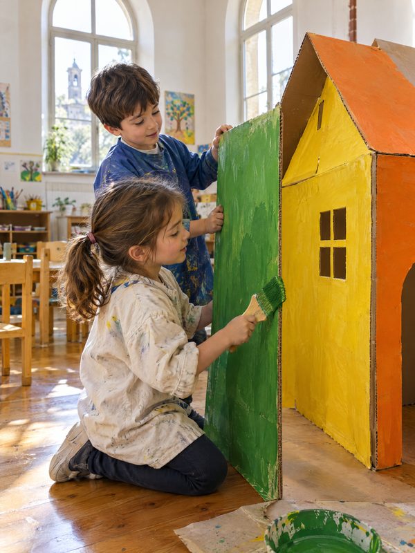Bambini che dipingono insieme una casetta di cartone