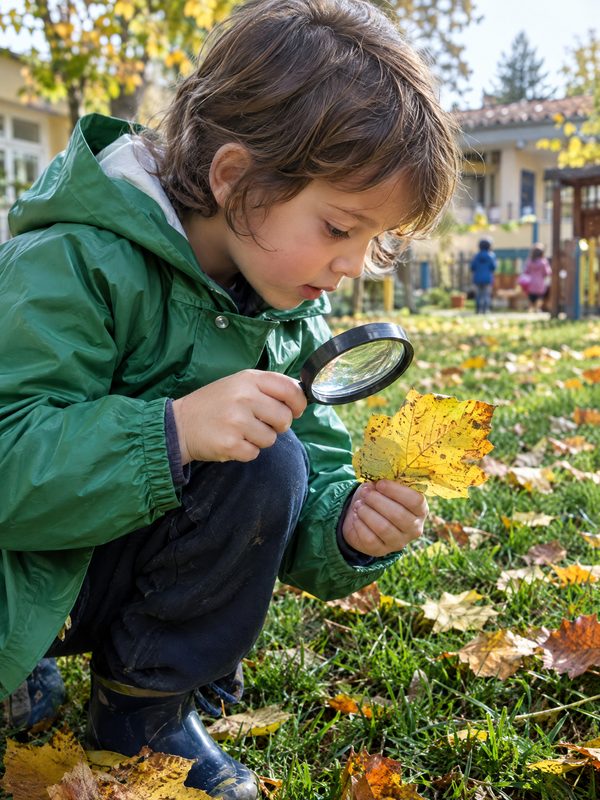Bambino che osserva una foglia autunnale con la lente d'ingrandimento