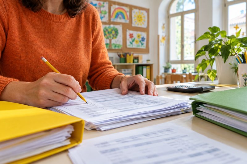 Controllo dei cedolini paga nella segreteria di una scuola dell'infanzia