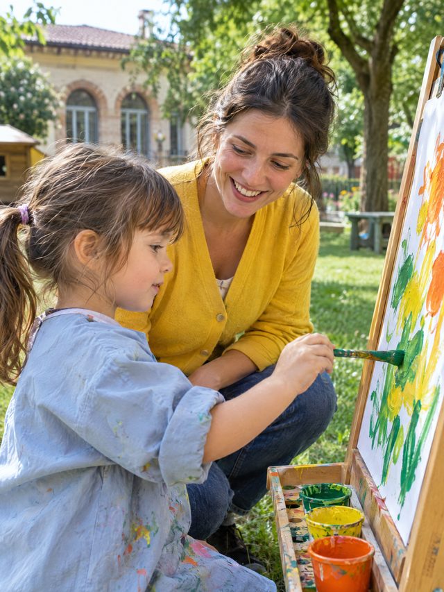Educatrice e bambina dipingono insieme al cavalletto in giardino